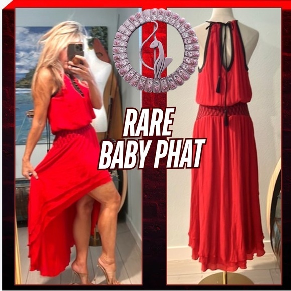 VTG Baby Phat,RARE Adjust. Halter, Dress,Leather tassels,Elastic-Smocked Waist,L
